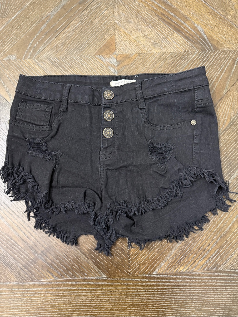 Machine Black Distressed Frayed Hem Denim Shorts